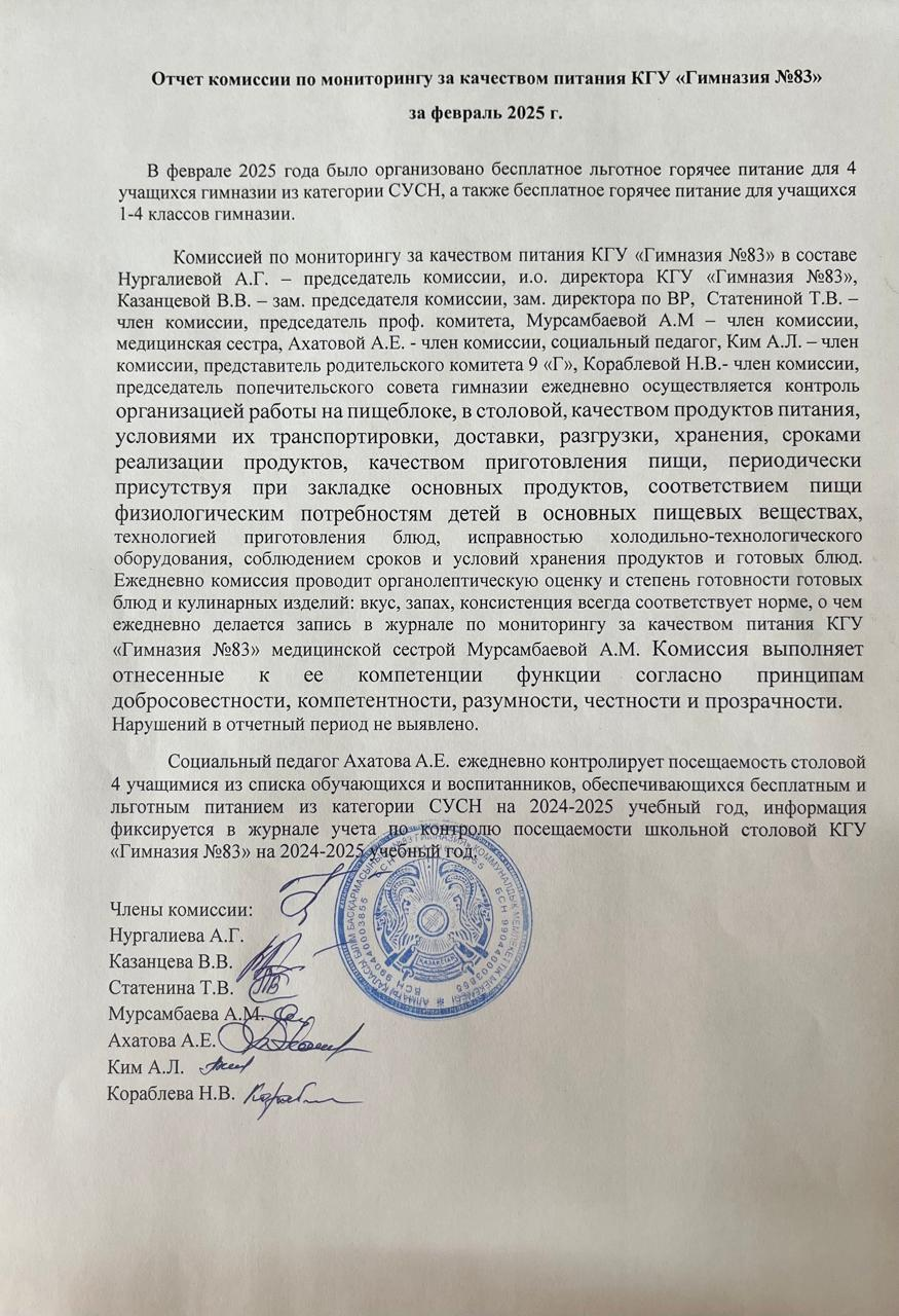 Отчет комиссии по мониторингу за качеством питания КГУ "Гимназия №83" за февраль 2025 г.
